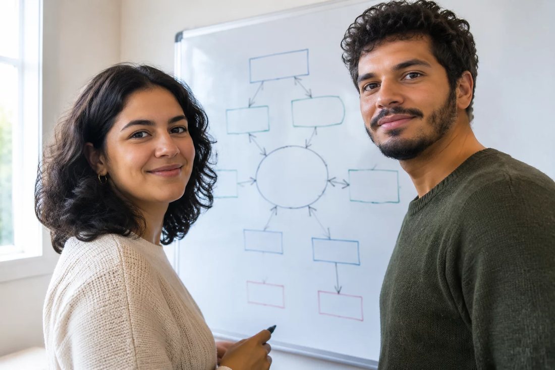 Dois alunos em pé diante do quadro branco, riscando a ordem em que o argumento será apresentado